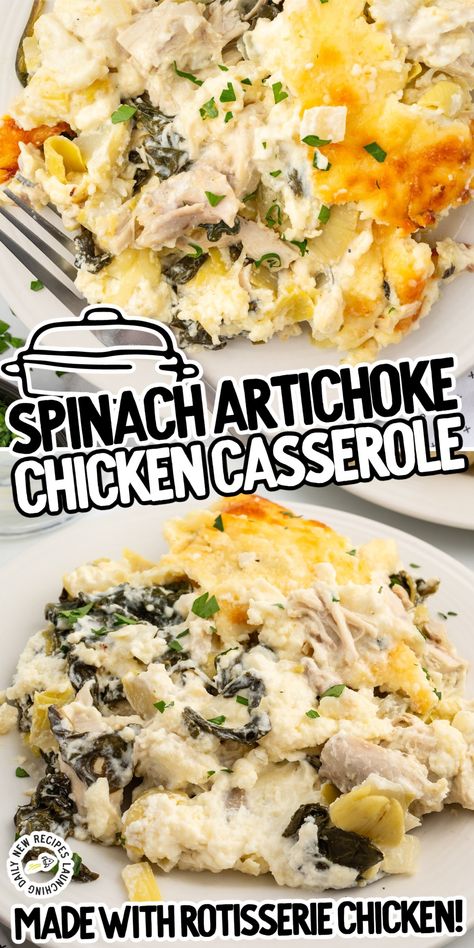 Keto Spinach Artichoke Chicken Casserole, Optavia Rotisserie Chicken Recipes, Rotisserie Chicken Spinach Recipes, Low Carb Recipes With Rotisserie Chicken, Chicken And Artichoke Casserole, Artichoke Casserole Recipes, Recipes With Rotisserie Chicken Easy, Spinach Ricotta Chicken, Chicken Spinach Artichoke Casserole