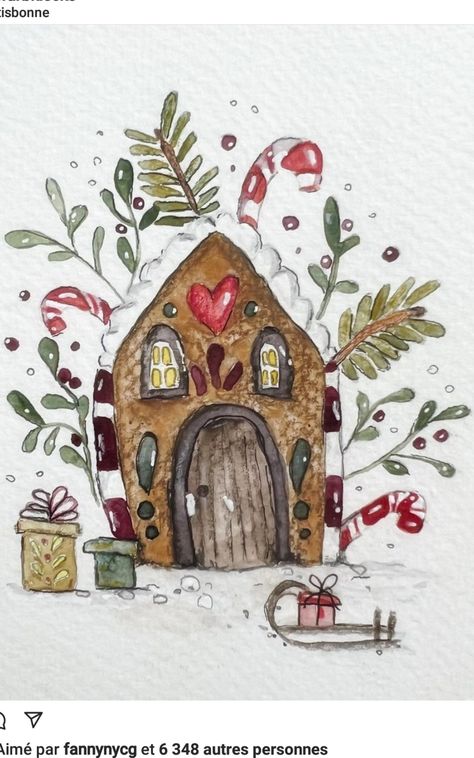 Watercolour Painting Christmas, Gingerbread House Watercolor, Watercolor Gingerbread House, Aquarell Christmas, Watercolor Christmas Cards Diy, Xmas Drawing, Christmas Loading, Learn Watercolor Painting, Xmas Theme