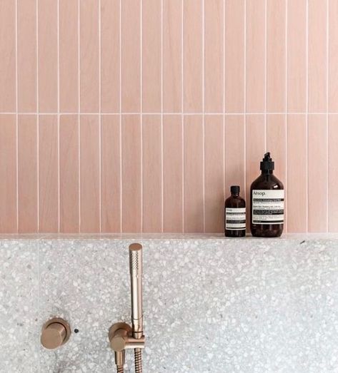 Pink Vertical Tiles, Terrazzo Tiles Bathroom Ideas, Bathroom Pink Terrazzo, Blush Bathroom Tiles, Pink Subway Tile Bathroom, Pink Shower Tile, Pink Tiles Bathroom, Pink Subway Tile, Terrazzo Tiles Bathroom