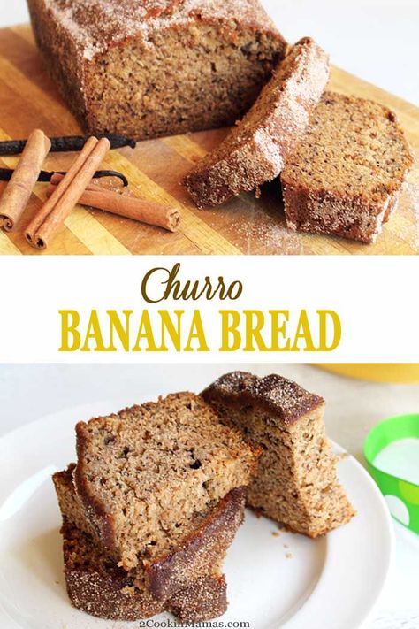 Love banana bread? Love churros? Why not combine everything you love about both all in one deliciously easy Churro Banana Bread.  Moist banana bread is rolled in cinnamon sugar to bring the favorite flavor of churros right to your breakfast table. #bananabread #quickbread #churros #recipe #breakfast #bananas #cinnamon via @2CookinMamas Banana Bread Brownies, Sour Cream Banana Bread, Banana Bread Recipe Moist, Churros Recipe, Moist Banana Bread, Easy Banana Bread Recipe, Chocolate Chip Banana, Vegan Banana Bread, Recipe Breakfast