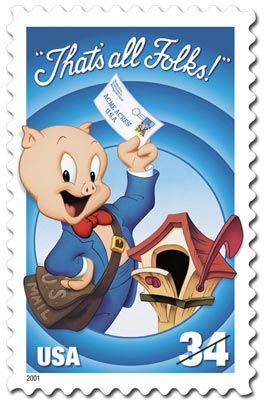 The fifth and final stamp in the USPS’ Looney Tunes series pictured cartoondom’s stuttering swine, Porky Pig, as a mail carrier wearing a leather U.S. mailbag and standing near a weathered wooden mailbox. The Looney Tunes Porky Pig stamp, issued on October 1, 2001, was part of the USPS’ 2001 National Stamp Collecting Month kickoff. Postage Stamps Usa, Usa Stamps, Going Postal, Thats All Folks, Mail Carrier, Post Stamps, Hobbies To Try, Postage Stamp Art, Love Stamps