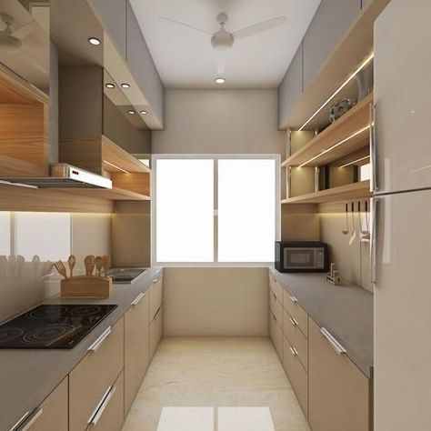 L Type Kitchen Design, Parallel Kitchen Design Modern, Small Closed Kitchens, Kitchen Ideas Luxury, Parallel Kitchen Design, Luxury Kitchen Designs, Luxury Kitchen Ideas, Budget Interior, Makeover Kitchen