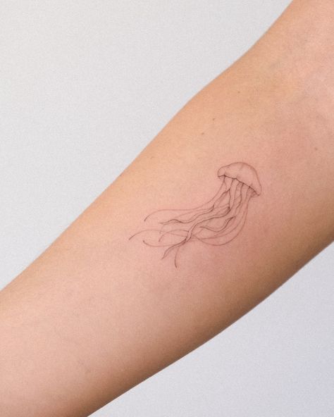 Beautiful jellyfish, huh! But how many of you are terrified of getting stung by one? 😅 Fine Line Jellyfish Tattoo, Small Jellyfish Tattoo, Jelly Tattoo, Small Jellyfish, Beautiful Jellyfish, Fineline Tattoo, Jellyfish Tattoo, Jelly Fish, Tattoo Inspo