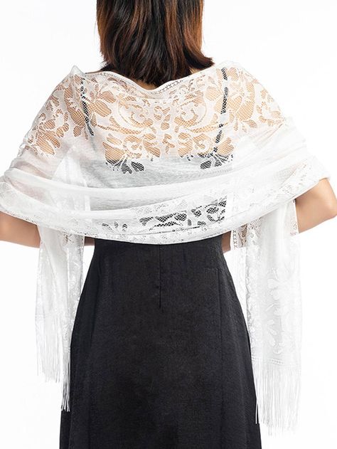 1pc Women Flower Lace Decor Hollow Out Fashionable Shawl For DecorationI discovered amazing products on SHEIN.com, come check them out! Shawl For Formal Dress, White Pashmina, Elegant Shawl, Dress With Shawl, Wedding Shawl, Dress Crochet, Lace Decor, Textured Dress, Lace Scarf