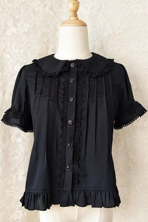 Fabric: Chiffon Color: Black, White Collar: Doll Collar Sleeve Length: Short Sleeves Feature: Ruffle, Lace Style: Sweet Include: Blouse*1 (Any of the accessory is not included.) Size (IN) Bust Waist Sleeve Length Shoulder Width Length XS 31.50 - 9.06 13.78 22.05 S 33.07 - 9.06 14.17 22.44 M 34.65 - 9.06 14.57 22.83 L 36.22 - 9.06 14.96 23.23 XL 37.80 - 9.06 15.35 23.62 2XL 39.37 - 9.06 15.75 24.02 Size (CM) Bust Waist Sleeve Length Shoulder Width Length XS 80 - 23 35 56 S 84 - 23 36 57 M 88 - 23 37 58 L 92 - 23 38 59 XL 96 - 23 39 60 2XL 100 - 23 40 61 1800s Clothing, Lacey Blouse, Doll Collar, Ruffles Fashion, Black Short Dress, Ruffle Shirt, Love Clothing, Sweet Lolita, 1960s Fashion