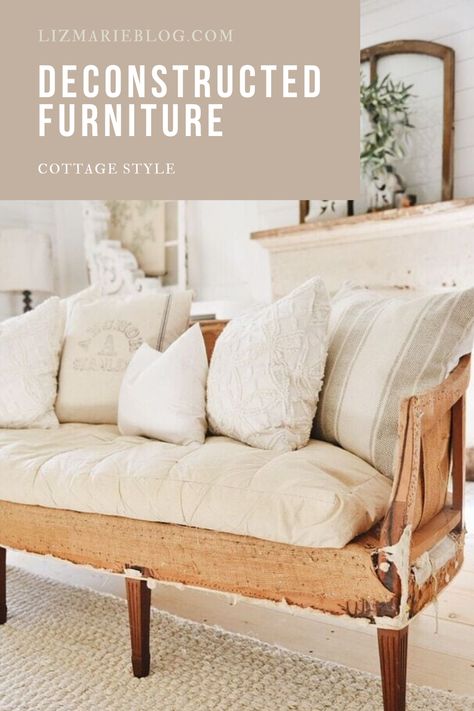 The coziest cottage style deconstructed sofa! Deconstructed Chair, Antique Couch, Liz Marie, Eclectic Farmhouse, Couch Upholstery, Antique Sofa, Modern Couch, Diy Sofa, Wooden Sofa