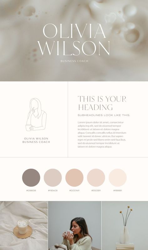 Minimalist Feminine brand board for business owner Health Coach Logo, Branding Mood Board Inspiration, Kids Catalogs, Brand Board Template, Feminine Business, Brand Inspiration Board, Portfolio Website Template, Beige Minimalist, Website Logo Design