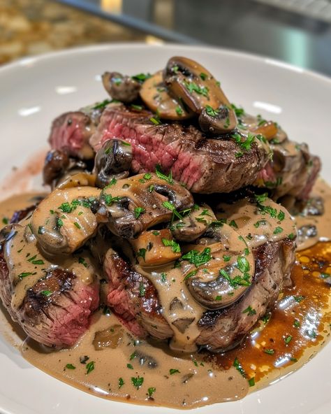 ELEGANT PAN-SEARED STEAK DIANE WITH RICH MUSHROOM SAUCE 🥩🍄 Ingredients: For the Steak: 2 beef tenderloin steaks (about 1 inch thick) Salt and black pepper to taste 2 tbsp olive oil 2 tbsp unsalted butter For the Mushroom Sauce: 1 tbsp unsalted butter 1 shallot, finely chopped 2 cloves garlic, minced 1 cup mushrooms, sliced (cremini or button) 1/4 cup brandy or cognac 1/2 cup beef broth 1/2 cup heavy cream 1 tbsp Dijon mustard 1 tbsp Worcestershire sauce 1 tsp fr... Mushroom Pepper Sauce, Steak And Rice Dinner Ideas, Beef Tenderloin Steaks, Steak With Mushroom Sauce, Steak With Mushrooms, Beef And Mushrooms, Steak Mushrooms, Steak Diane, Seared Steak