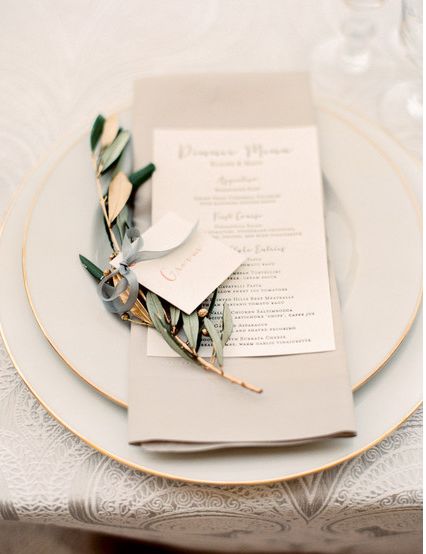 I like the warm ivory with olive branch and gold accents Wedding Locations California, Italian Inspired Wedding, Wedding Place Settings, Wedding Menu Cards, Wedding Table Settings, Italian Wedding, Fine Linen, Wedding Candles, Olive Branch