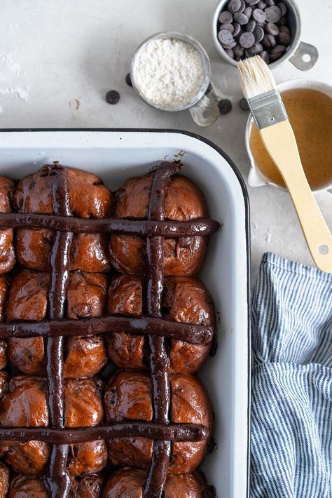 Dark Chocolate and Cardamom Hot Cross Buns with Chocolate Pastry Cream Cross — Cloudy Kitchen Chocolate Pastry Cream, Chocolate Hot Cross Buns, Cloudy Kitchen, Cross Buns Recipe, Cardamom Buns, Hot Cross Buns Recipe, Hot Cross Bun, Spiced Fruit, Chocolate Custard