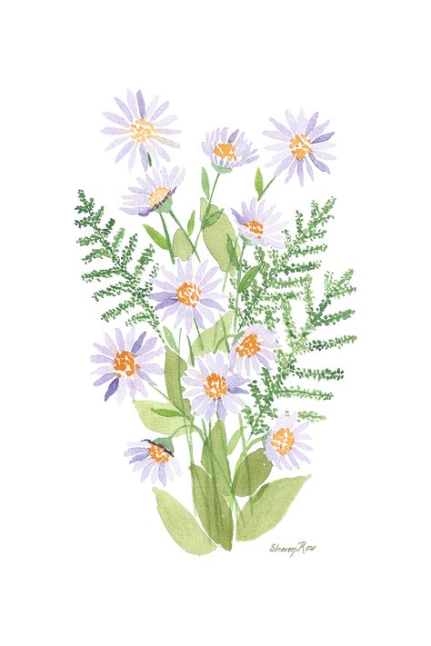 Loose watercolor painting of an aster bouquet. Parking Spot Painting, Floral Watercolor Painting, Flower Language, Blue Flower Painting, Aster Flower, Floral Watercolor Paintings, Purple Shades, Watercolor Flower Art, Botanical Watercolor