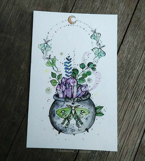 Magic Cauldron, Witch Painting, Crystal Tattoo, Witch Tattoo, Amethyst Crystals, Witch Art, Original Illustration, Ink Art, Cute Tattoos