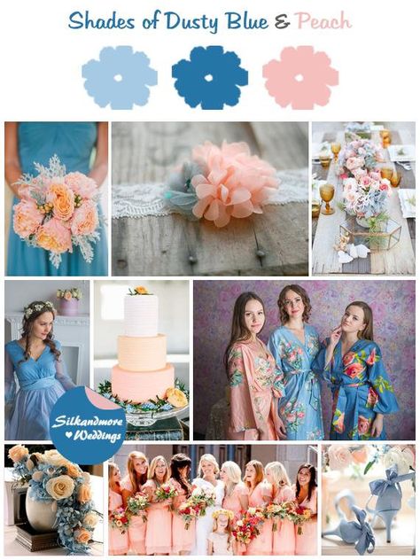 Dusty Blue And Peach Wedding, Blue And Peach Wedding, Dusky Blue Wedding, Peach Wedding Colors, Wedding Peach, Bridesmaids Robes, Wedding Color Pallet, Spring Wedding Colors, Dusky Blue