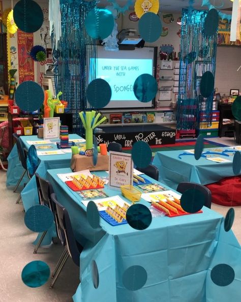 Melody Macon, NBCT, M.Ed. on Instagram: “Big things planned for tomorrow! So thankful for all the help getting ready for another room transformation!  #spongebob #underthesea…” Spongebob Classroom, Ocean Theme Classroom, Ocean Room, Classroom Transformation, Room Transformation, Big Things, Ocean Themes, So Thankful, Classroom Themes