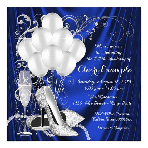 Womans Royal Blue And Silver Birthday Party Luxe Invitation #birthdayinvitations #birthday #1stbirthdayinvitations #quinceanerainvitations #birthdayinvitationstemplate #birthdayinvitationcard #disneybirthdayinvitations #zazzle #zazzleinvitation Purple And Silver Birthday Party, Blue And Silver Birthday Party, Blue And Silver Birthday, Silver Birthday Party, Luau Birthday Invitations, Purple Birthday Party, 60th Birthday Party Invitations, Birthday Invitation Card Template, Cars Birthday Invitations