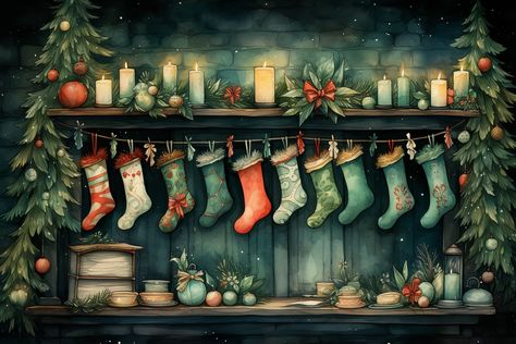 Christmas wallpaper with nostalgic theme, featuring Christmas stockings Christmas Aesthetic Horizontal, Horizontal Christmas Wallpaper, Christmas Pc Wallpaper, Christmas Theme Wallpaper, Aesthetic Horizontal, Christmas Wallpaper Aesthetic, Theme Wallpaper, Christmas Backgrounds, Christmas Illustrations