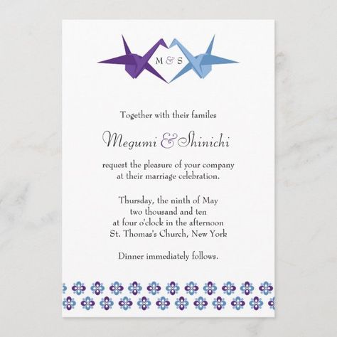 Crane Wedding Invitations, Paper Crane Wedding, Crane Wedding, Zen Wedding, Asian Fusion Wedding, Funky Wedding, Purple Invitations, Origami Cranes, Paper Cranes