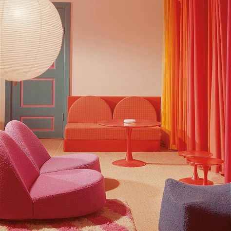 Old is gold. One of Kvadrat's first showrooms designed in the early 70s by Nanna Ditzel in her favourite colours pink and turquoise. #nannaditzel #kvadrattextiles #heritage #archives #pink #orange #lovecolour #70s #design #danishdesign #kvadrat 60s Interior, 70s Interior Design, 70s Interior, Retro Interior Design, 70s Home, 70s Home Decor, Danish Furniture Design, Design Blogs, Retro Interior