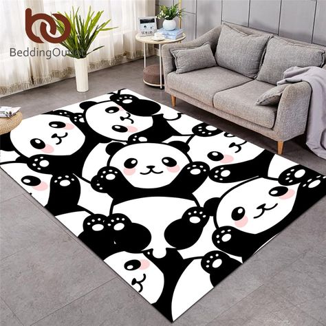 Living Room Cartoon, Carpets For Kids, White Cartoon, Black And White Cartoon, Play Rug, Panda Bears, Cartoon Panda, Bedroom Area Rug, Cute Panda