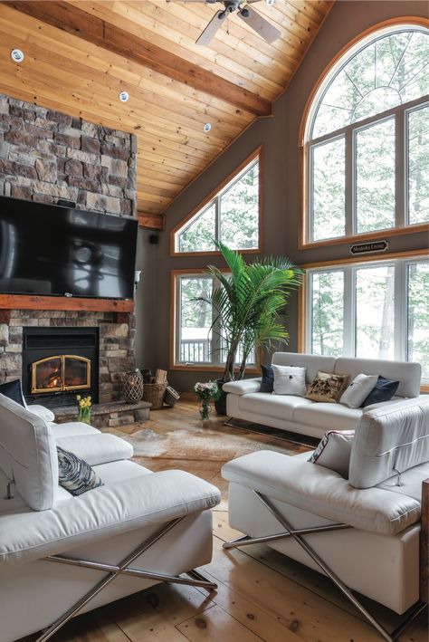 Eclectic Tranquility — OUR HOMES Magazine – Celebrating Life at Home Chalet Great Room, Muskoka Room Ideas, Dream Lake House Cottage, Wood Cottage House Interior, Cottage Vaulted Ceiling Living Room, Vaulted Living And Dining Room, Rustic Lake House Living Room, Stone And Wood Interior Design, Cozy Vaulted Ceiling Living Room