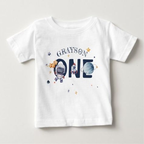 $16.45 | Astronaut Stars Rocket Planet Boy 1st Birthday #outer space, space theme party, galaxy, planet, baby boy birthday party, baby birthday party, spaceship, rocket, personalize name baby tshirt, first birthday baby tshirt Planet Cartoon, Space Theme Party, Space Baby, Baby Boy Birthday, Astronauts In Space, Baby Birthday Party, Birthday Tshirts, Top Baby Products, Baby First Birthday