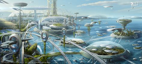 ArtStation - Year Million - 03, Pixoloid Studios Kota Masa Depan, Sci Fi Landscape, Future Buildings, Sci Fi City, New Retro Wave, Alien Concept Art, Green City, Fantasy City, Fantasy Castle