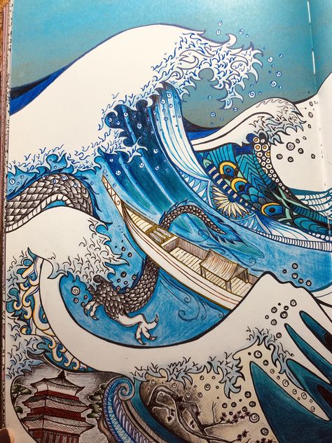 Japanese Boat Drawing, Dragon Boat Tattoo, Ocean Wave Drawing, Japanese Boat, Waves Sketch, Boat Window, Sea Peoples, Wave Drawing, Boat Drawing