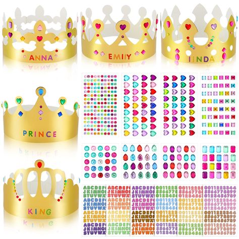 PRICES MAY VARY. Ideal Birthday Party Kit: classic and stylish Style includes: 20 pieces paper crowns in 5 styles (4 for each style), 8 sheets gem jewelry stickers, 3 sheets letter stickers and 3 sheets number stickers; Delicate Style includes: 40pcs paper crowns in 8 styles (5 for each style), 15 sheets gem jewelry stickers, 4 sheets letter stickers and 4 sheets number stickers; The quantity fully meets the DIY needs of your party guests to personalize each crown DIY Crown Craft Kit: nice for y Gem Stickers, Golden Party, King Hat, Anniversaire Diy, Crown For Kids, Prince Crown, Crown Party, Crystal Stickers, Paper Crown