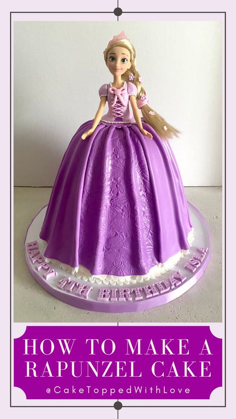 Rapunzel Birthday Cake Ideas, Rapunzel Doll Cake, Simple Princess Cake Ideas, Rapunzel Cake Ideas Simple, Rapunzel Cake Ideas, Princess Rapunzel Cake, Disney Princess Doll Cake, Doll Cake Diy, Cute Rapunzel