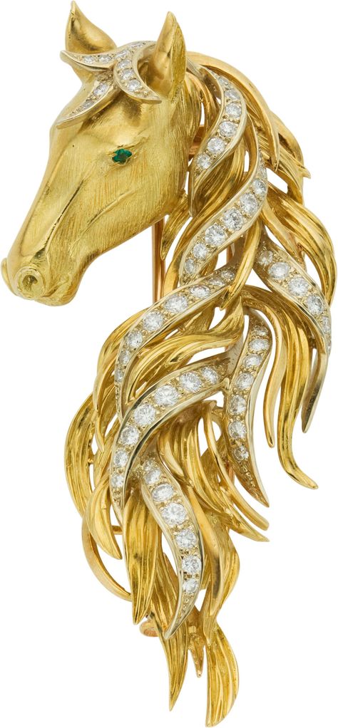 Neiman Marcus Diamond, Emerald, Gold Clip-Brooch ~ETS #horse Photo Layer, Equestrian Jewelry, Horse Jewelry, Gold Clips, Signature Jewelry, Horse Head, Animal Jewelry, A Horse, Vintage Jewellery