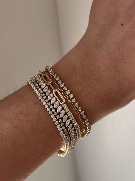 Diana Tennis Bracelet 3.20ctw Yellow Gold - Kinn 3mm Tennis Bracelet, Rolex And Tennis Bracelet, Tennis Bracelet Aesthetic, Diamond Tennis Bracelet Stack, Tennis Bracelet Stack, Nameplate Bracelet, Gold Bracelets Stacked, Chris Evert, Bracelet Style