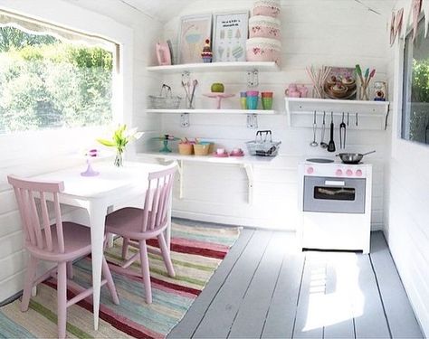 Cubby House Interior, White Playhouse, Playhouse Kitchen, Cubby House Ideas, Cubby Ideas, Playhouse Decor, Playhouse Interior, Outside Playhouse, Kids Cubby Houses