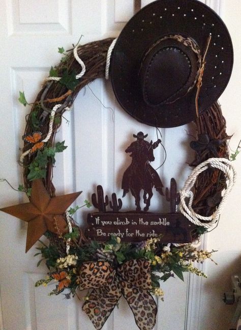 Western Themed Grapevine Wreath!!  tlmunda@yahoo.com https://www.facebook.com/terris.treasures.12 Western Wreath Ideas, Western Christmas Wreath, Rope Wreath Western, Farm Wreath, Cowboy Wreath, Western Door, Western Wreath, Themed Wreaths, Western Wreaths