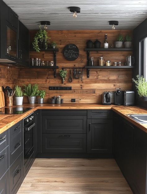 Wooden Counter Tops, Moody Kitchen, Gothic Kitchen, Western Kitchen, Wooden Counter, Rustic Kitchen Design, New House - Kitchen, House Design Kitchen, Boho Kitchen