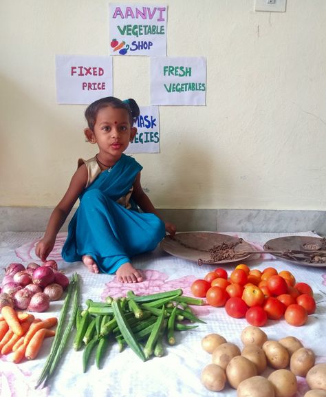 Role play as vegetable seller Vegetable Day Celebration In School, Role Play Ideas For Kids, Stall Decorations, Fancy Dress Competition, Kids Vegetables, Vegetable Shop, Fruits For Kids, Primary Activities, Dress For Kids