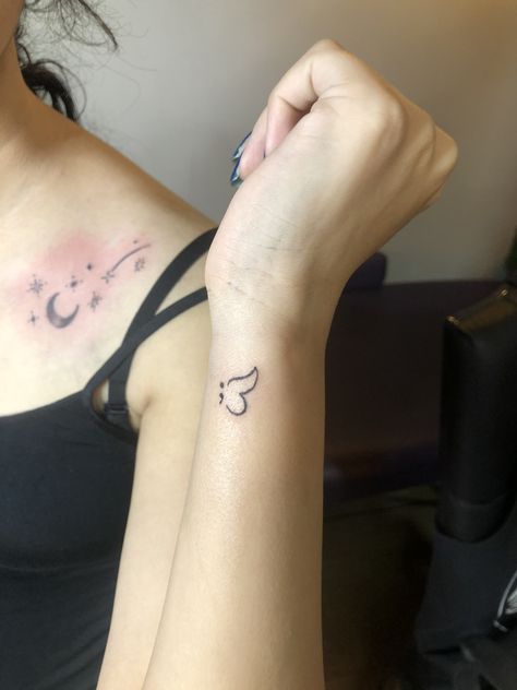 Mini Tattoos Semi Colon, Tattoo Semi Colon Butterfly, Infinity Tattoo With Semi Colon, Butterfly And Semi Colon Tattoo, Aesthetic Semi Colon Tattoos, Semi-colon Butterfly Tattoo Fine Line, Butterfly Semi Colon Tattoos For Women, Hidden Semi-colon Tattoo, Dainty Butterfly Semicolon Tattoo