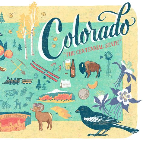 Colorado Illustration, What Is Diversity, People Moving, Illustrated Poster, Moving To Colorado, City Illustration, Stamp Projects, Illustrated Map, Poster Vintage