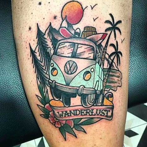 RV Adventure Travel Tattoo Vw Bus Tattoo, Tattoos Vacation, Campervan Tattoo, Bus Tattoo, Vw Tattoo, Wanderlust Tattoo, Travel Tattoos, Sunset Mountains, Video Makeup