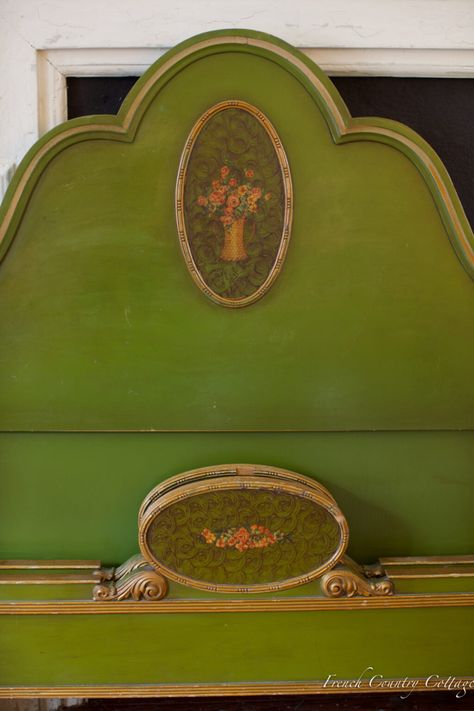 Vintage French Floral Painted Beds - French Country Cottage Painted Bed Frame, Painted Bed Frames, Floral Headboard, Painted Headboard, Green Headboard, Vintage Headboards, Painted Beds, Arched Headboard, Room Refresh