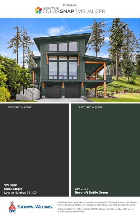 2 Color Exterior House Colors, Dark Green And Cedar House Exterior, Sw Jasper Paint Exterior, Green Black Exterior House, Dark Green And Black House Exterior, Dark Green Cabin Exterior, Black Forest Green Exterior, Dark Green House Exterior Black Trim, Green And Black Exterior House Colors