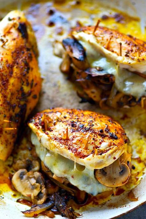 Caramelized Onion Mushroom Swiss Stuffed Chicken Breasts Caramelized Onions And Mushrooms, Chicken With Mushrooms, Stuffed Chicken Breast Spinach, Stuffed Chicken Breasts, Cheese Stuffed Chicken, Caramelized Onion, Stuffed Chicken, Mushroom Chicken, Chicken Dishes Recipes