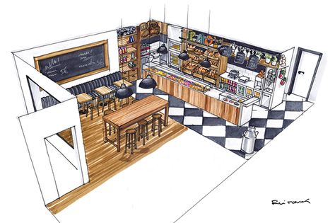 Panitejo on Behance Watercolor Croquis, Perspective Plan, Landscape Markers, Croquis Architecture, Bakery Shop Design, Typographie Inspiration, Behance Design, Learn Design, Coffee Shop Interior Design