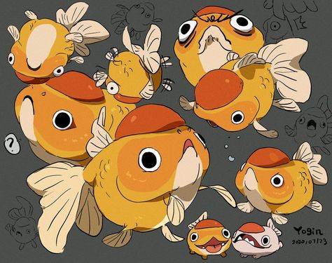 Cute Goldfish Drawing, Goldfish Reference, Fish Character Design, Cute Fish Drawing, Goldfish Illustration, Goldfish Drawing, Anime Fish, Shark Cat, Arte Sketchbook