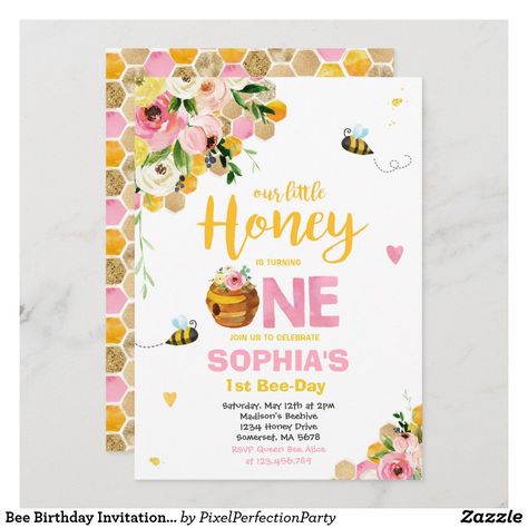 Bee Birthday Invitation Honey Bee Birthday Party Bumblebee First Birthday, Honey Bee Birthday Party, Sweet To Bee One, Bumble Bee Birthday Party, Honey Bee Birthday, Baby First Birthday Themes, Sunflower Birthday, Bumble Bee Birthday, First Birthday Girl