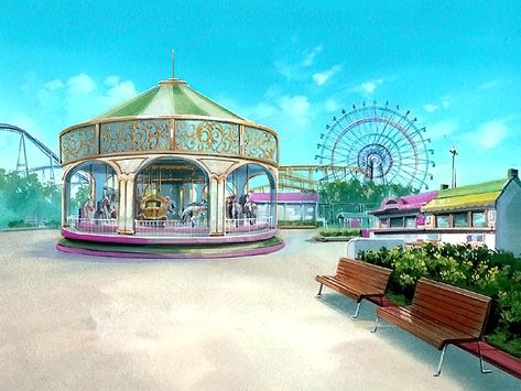 Anime Landscape: Anime Park Background Anime Park Background, Anime Amusement Park, Theme Park Aesthetic, Landscape Anime, Park Background, Park Aesthetic, Anime Landscape, Background Anime, Anime Theme