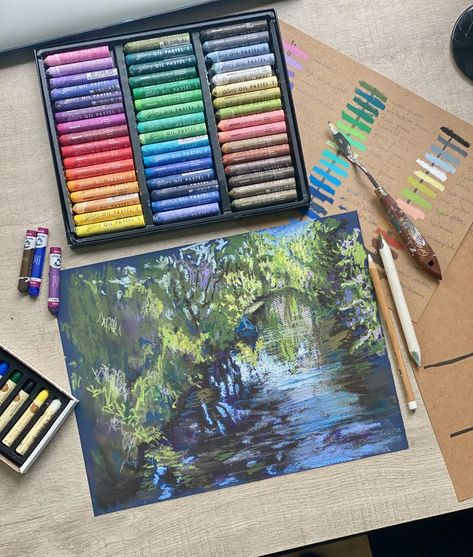 Most canal in The Netherlands are not in a big cities like famous Amsterdams canals. Tree Oil Pastel, Oil Pastels Drawings, Oil Pastels Drawing, Art Oil Pastel, Art Alevel, Soft Pastel Art, A Level Art Sketchbook, Pastel Crayons, Oil Pastel Paintings