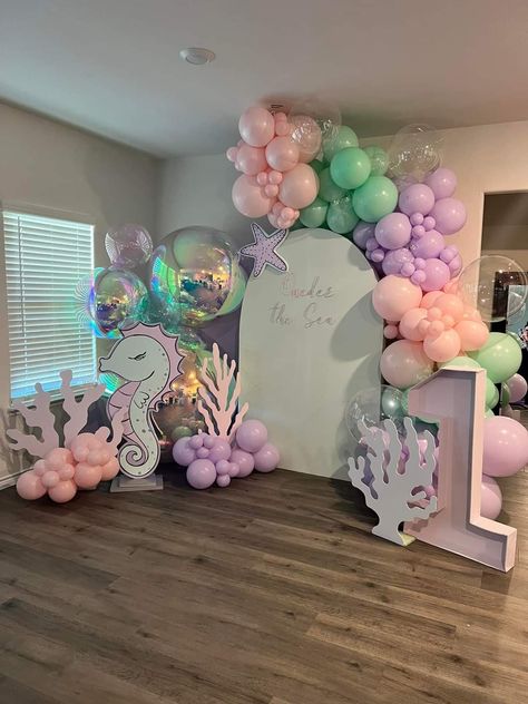 Mermaid Birthday Backdrop Ideas, Oneder The Sea Backdrop, Oneder The Sea Balloon Arch, Oneder The Sea 1st Birthday Girl, Little Mermaid First Birthday Party, Turtle Baby Shower Theme, Oneder The Sea 1st Birthday, Oneder The Sea, Mermaid First Birthday