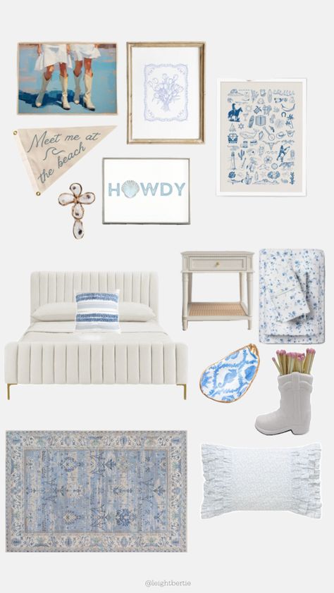 Costal Cowgirl themed Room decor Coastal Cowgirl Bedroom, East Coast Aesthetic, Cowgirl Bedroom, Coast Aesthetic, Girl Dorms, College Bedroom, College House, Girls Dorm Room, English Decor