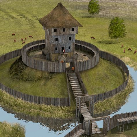 Motte And Bailey, Motte And Bailey Castle, Wooden Castle, Chateau Medieval, Medieval Life, Medieval Houses, Rpg Map, Ancient Buildings, Castle Designs