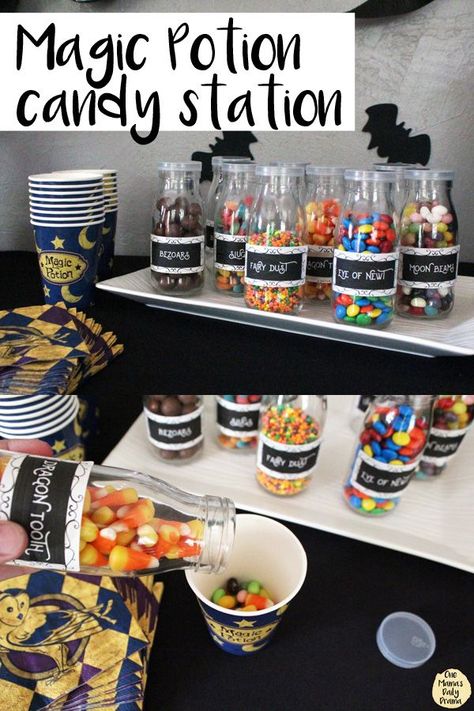 Set up a magic potion candy station at a Halloween or Harry Potter party! FREE PRINTABLE potion bottle labels. A different candy goes in each ingredient, then guests mix their own "potion" blend. Halloween Candy Labels, Harry Potter Sorting Party Ideas, Harry Potter Trolley Cart Candy Diy, Halloween Candy Station, Harry Potter Candy Table, Harry Potter Kids Party, Small Halloween Party Ideas, Candy Station Ideas, Potions Party